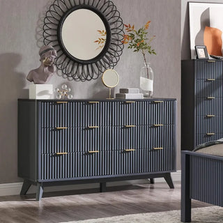 Fluted 6 Drawers Dresser, 54" Wide Modern Chest of Drawers with Faux Marble Top, Curved Profile Design, Dresser TV Stand, Wood