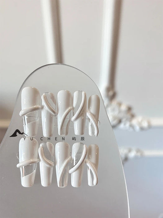 Simple and Atmospheric Milky White Nail Art, Wearing Armor, Three-dimensional Hollow Craftsmanship, Handcrafted Original Design