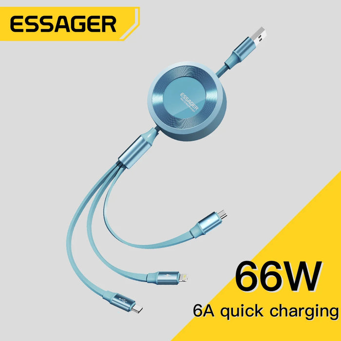 Essager 6A 66W 3 in 1 USB Cable Fast Charging For iPhone Micro USB Type C Fast Charge For Xiaomi Samsung Poco Retractable Cord