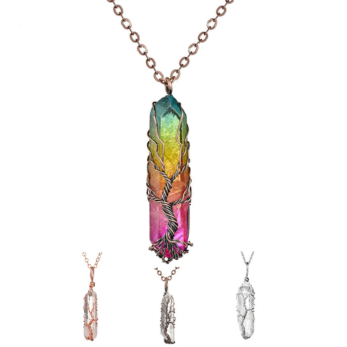 7 Chakra Natural Rainbow Stone Pendant Healing Crystal Necklace Unisex Long Chain Tree of Life Statement Jewelry Gift