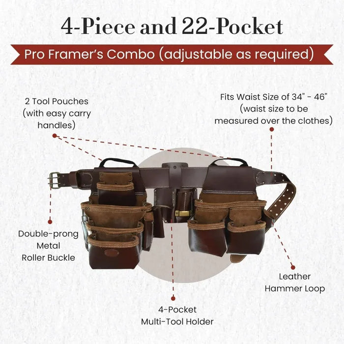 4-Piece and 22-Pocket Pro Framer’s Combo, Tool Belt with 2 Tool Pouches, a 4-Pocket Multi-Tool Holder, and 1 Leather Hammer Loop