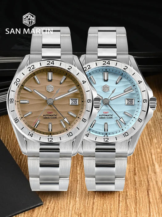 San Martin New 39mm Desert Texture Luxury Men Business Dress GMT Watch NH34 Automatic Mechanical Waterproof 100m Luminous SN0129