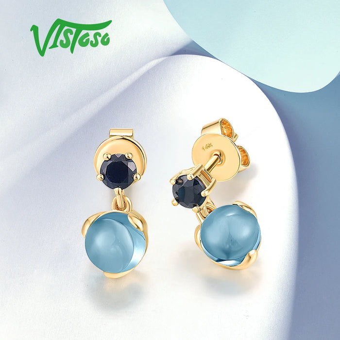 VISTOSO Real 14K 585 Yellow Gold Dangling Stud Earrings For Women Charming Blue Sapphire London Topaz Delicate Cute Fine Jewelry