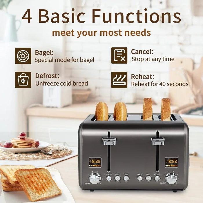 Toaster 4 Slice, Stainless Bread Toaster Colorful LCD Display, 7 Bread Shade Settings, 1.4'' Wide Slots Toaster ，1800W