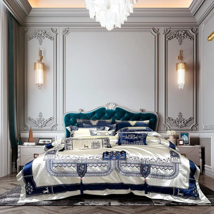 Chic Decorator Upholstery Quality Tassels Bedding Blue Silver Patchwork Luxury Embroidery Duvet Cover Bedspread Sheet Pillowcase