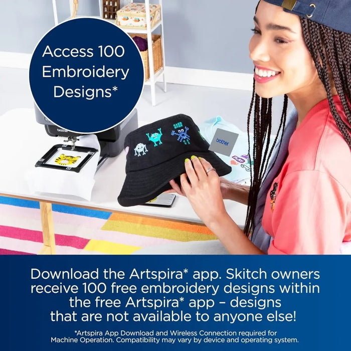 Skitch Single-Needle Embroidery Machine, Powered by Artspira, 4” x 4” Embroidery Area, Bluetooth Connected