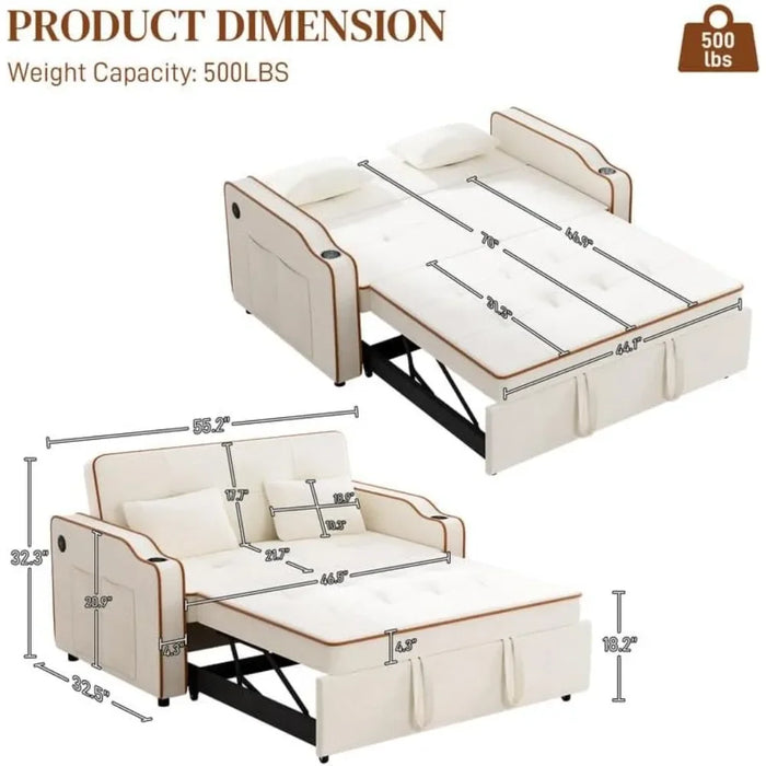 Convertible Futon Sofa Bed with Adjustable Backrest, Velvet Pull Out Couch Beds, 3-in-1 Convertible Sofa, Sofa with 2 Seats