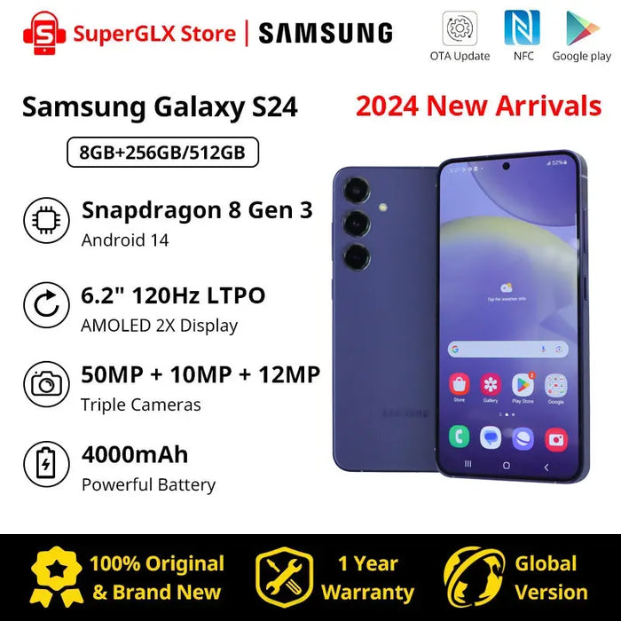 Samsung Galaxy S24 Snapdragon 8 Gen 3 6.2" 120Hz AMOLED 2X Display 50MP Triple Camera Android14 Samsung S24 AI Smartphone 2024