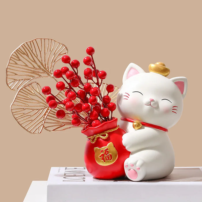 Lucky cat arts crafts Holding flowers Cherry Blossom Cat storage ornaments Living room porch Home decoration moving gift