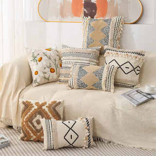 Boho Fringed Embroidered Cushion Cover Geometric Printed Tufted Pillowcase Ivory Decorative Cushions for Sofa 45X45/30X50CM