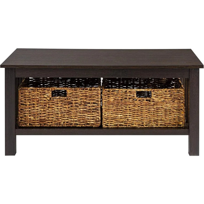 Alayna Mission Style Two Tier Coffee Table with Rattan Storage Baskets, 40 Inch, Espresso