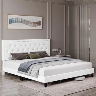 Bedroom furniture: full-size bed frame with adjustable headboard, button-tufted faux leather, upholstered, white