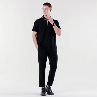 HELLEN&WOODY 2022 Summer Business Zipper Men Polo Shirt Luxury Embroidery Design Printed Short Sleeved Cotton Pure Black Top Tee