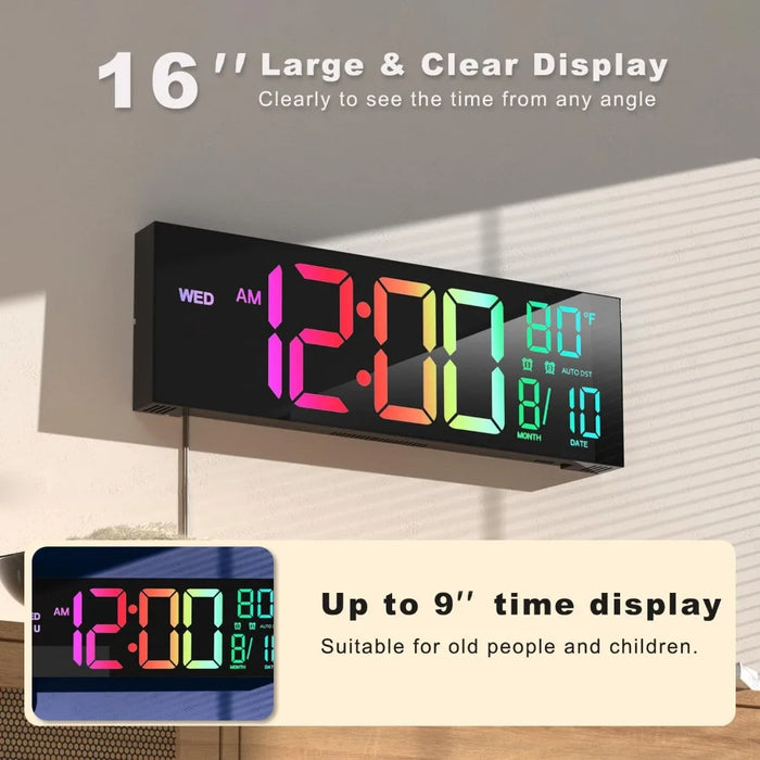 16" Large Digital Wall Clock with Remote Control, Dual Alarm with Big LED Screen Dispaly, 8 RGB Colors, Auto DST, Temperature