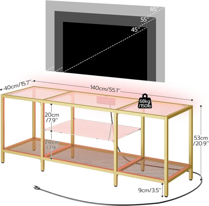 TV Stand with LED Lights and Power Outlets for TVs up to 65", Modern 55 Inch Tempered Glass TV Console Table with Open Shelves