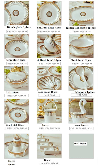 Bone China Dinnerware Set Dish Bowl Combination 60pcs Ceramic High-grade Dinnerware Set European Gold Bowl Plate