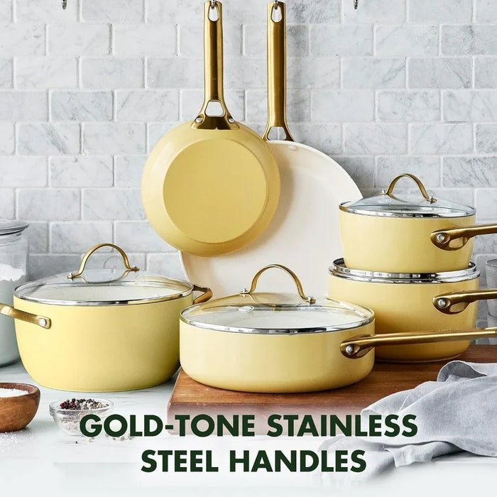 Pot Sets for Cooking Reserve Hard Anodized Healthy Ceramic Nonstick 10 Piece Cookware Pots and Pans Set Kitchen Gold Handle Bbq