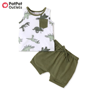 PatPat 2pcs Newborn Baby Boy Clothes Allover Dinosaur Print Sleeveless Tank Top and Solid Shorts Kids Stuff Set