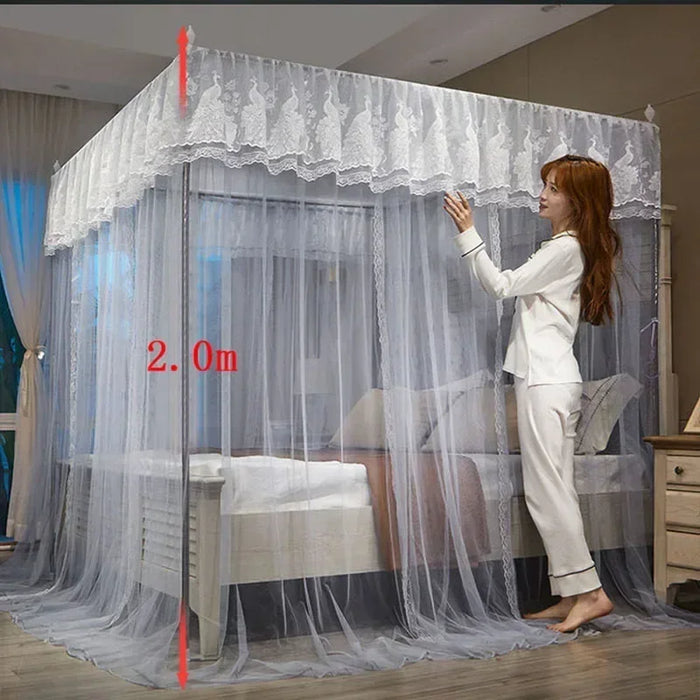 Summer Three-door Lace Palace Mosquito Tent with Stainless Steel Bracket Square Princess Mosquito Net QueenDouble Bed Net Canopy