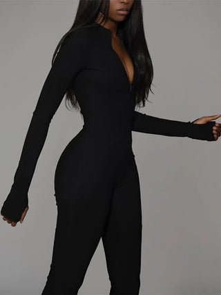 Solid Black/White Bodycon Jumpsuit Women Sporty Rompers Summer Fitness Long Sleeve Zipper Elastic One Piece