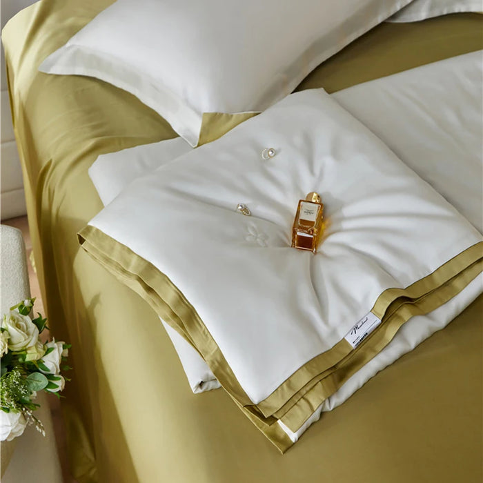 2024 Newest Four-piece Bedding Simple Cotton Double Household Bed Sheet Quilt Cover Embroidered Comfortable Bedding White Yellow