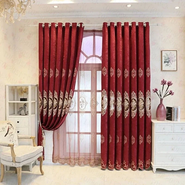 European Chenille Embroidered Red Curtains for Living Dining Room Bedroom Yarn Finished Balcony Floor To Ceiling Wedding Room