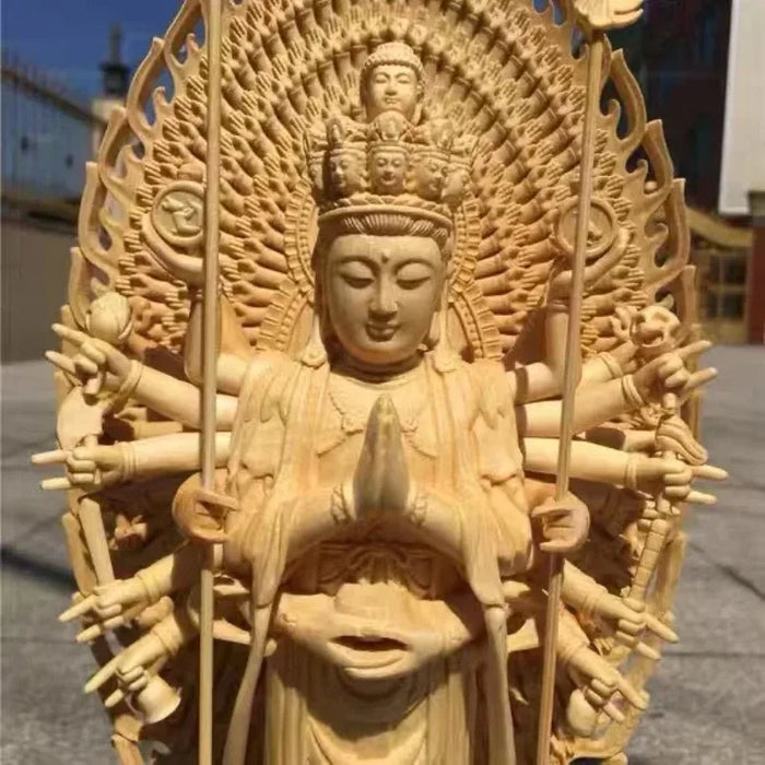 Creative Wood Carving Sculpture Large Lotus Thousand Hands Avalokitesvara Bodhisattva Carved Buddha Statue Household Decoration