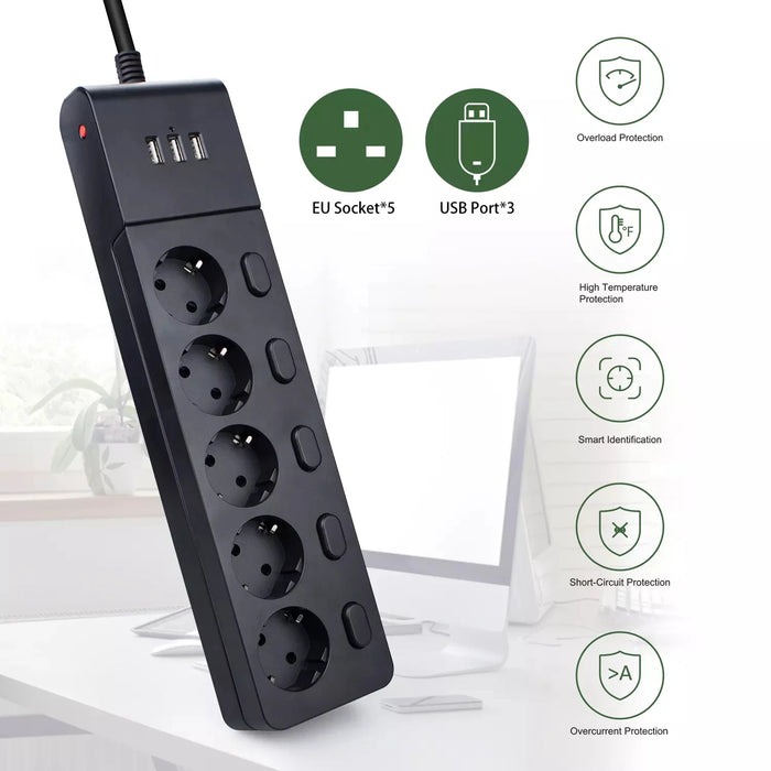 Multiple Power Strip Surge Protection Eu Plug Electrical Extension Sockets with USB 5 way Outlets Independent Control 2m Cord