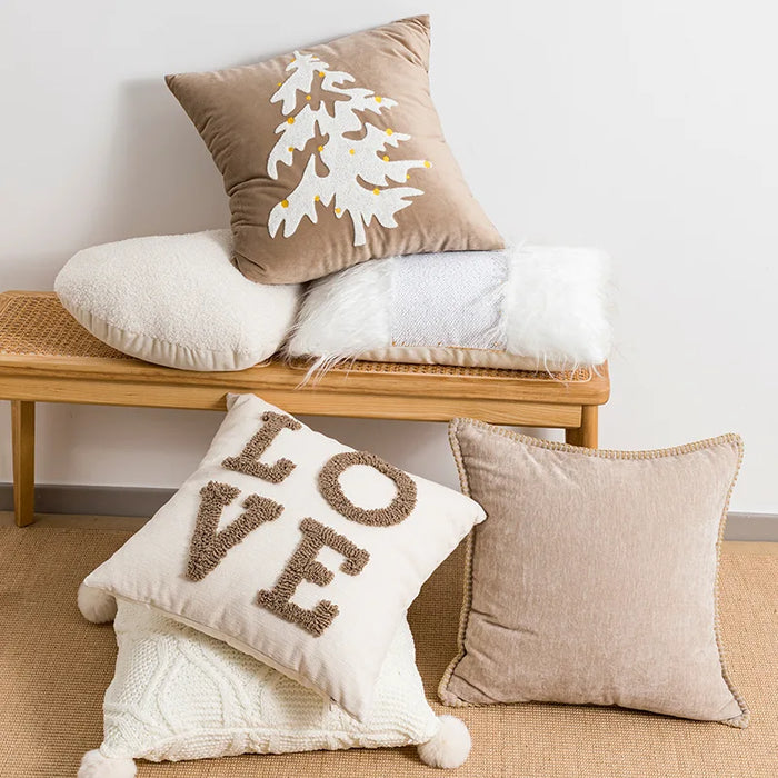 Beige White Nordic Christmas Cushion Cover Letter Tufted Embroidered Cushion Covers Festival Decorative Cushions for Sofa