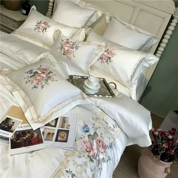 New White Blue Pink Luxury Flowers Embroidery 100S Egyptian Cotton Palace Bedding Set Duvet Cover Bed sheet/Linen Pillowcases