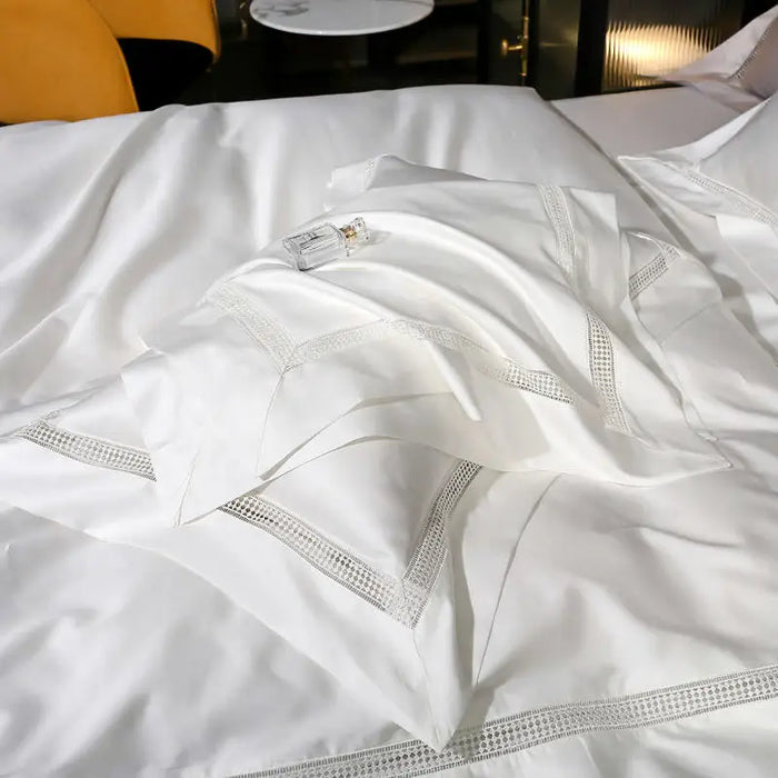 1000TC Egyptian Cotton Hotel Bedding Set Hollow Lace Pure White Duvet Cover Flat/Fitted Bed Sheet Pillowcases Home Textile