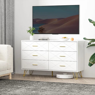 Dresser for Bedroom, White Dresser with 6 Deep Drawers, Wide Chest of Drawers with Gold Handles for Living Room