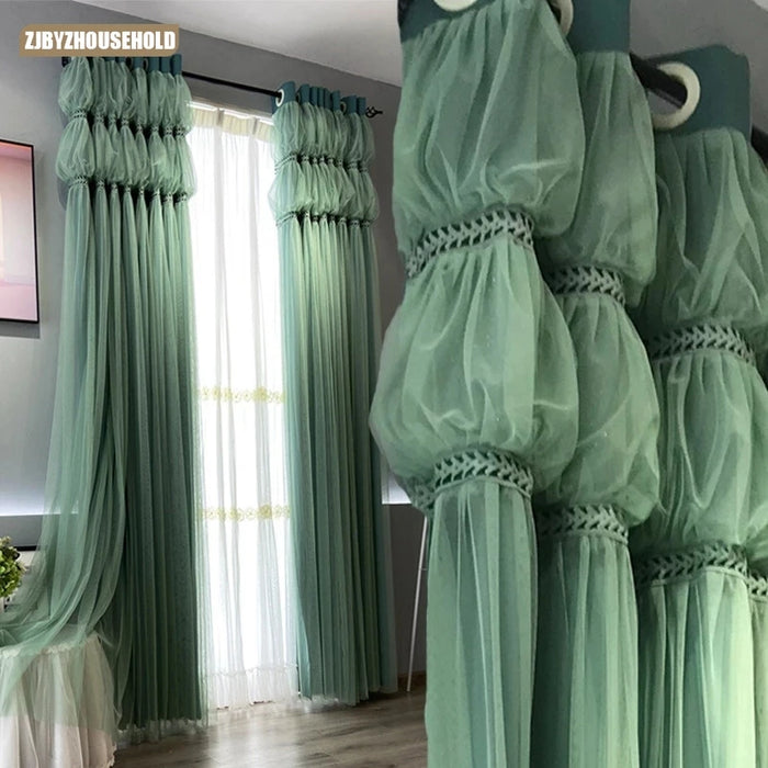 Dark Green Pleated Curtain with Valance Curtains for Living Dining Room Bedroom French Light Luxury Solid Lace Blackout