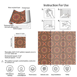 Bohemian Red Flower Peel And Stick Wallpaper Geometric Pattern  Self-adhesive PVC Wallpaper Refrigerator Cabinet Vinyl Sticker