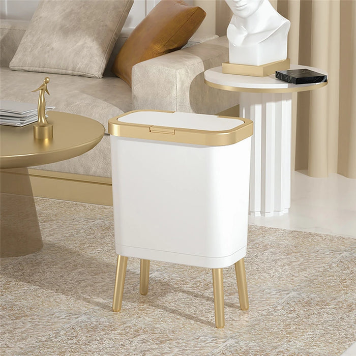 8/15L Top Luxury White Gold Trash Can Kitchen Bathroom High Capacity Garbage Can Four-legged Tall Narrow Trash Bin Storage Box