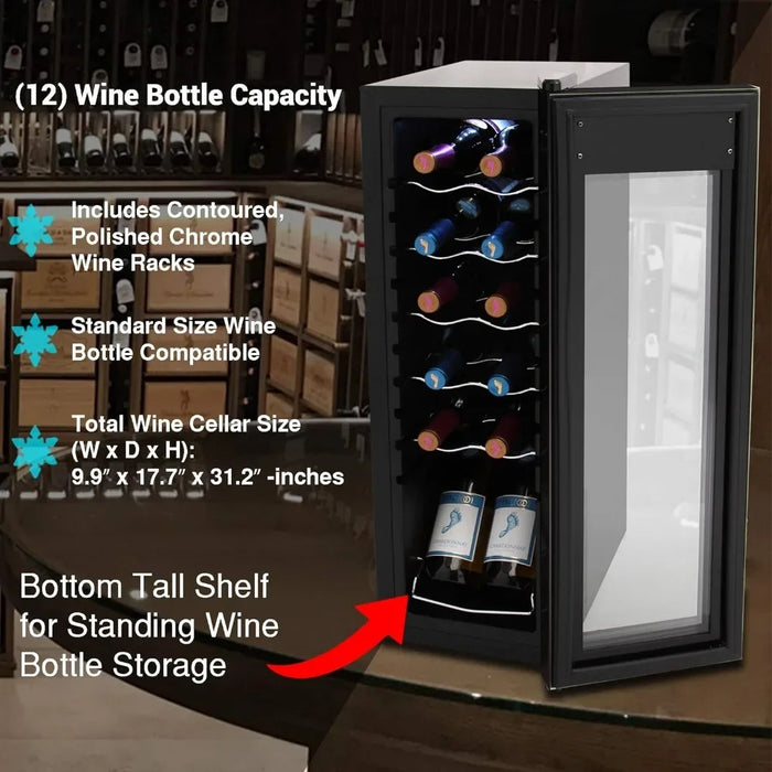 Wine Refrigerator Cooler- Countertop Compact Mini Wine Fridge Chiller 12 Bottle Capacity, Digital Control, Glass Door, Black