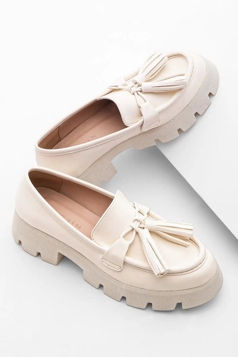 Women's Loafer Tırtıklı Thick Sole Tassels Casual Shoes Heli ecru Stylish Design Daily Use