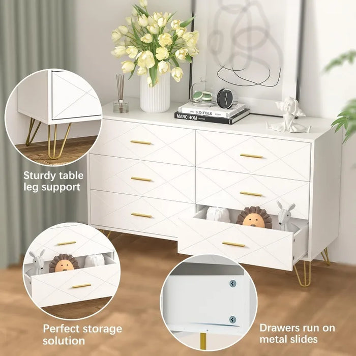 Dresser for Bedroom, White Dresser with 6 Deep Drawers, Wide Chest of Drawers with Gold Handles for Living Room