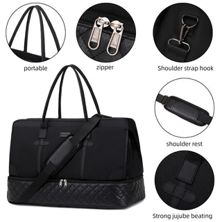 Women's weekend overnight bag, large travel luggage bag with shoe compartment and wet bag, carry on handbag, fitness luggage bag