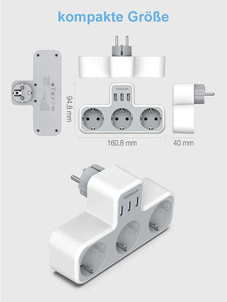 TESSAN Multiple European Plug Power Strip with 1/3 AC Outlets and 2/3 USB Ports, Wall Socket EU Plug Extension Charger Adapter