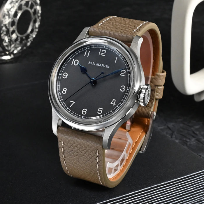 San Martin 38.5mm Men's Mechanical Watch NH35 Vintage Pilot Simple Fashion Wristwatch Baked Varnish Blue Hands 10 Bar Clock