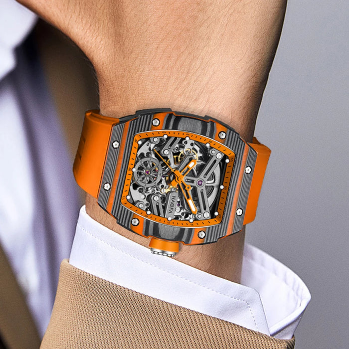 Haofa Carbon Fiber Automatic Mens Watch 3D Skeleton Dial Sapphire Luminous Self Wind Mechanical Watches Waterproof Luxury 1982