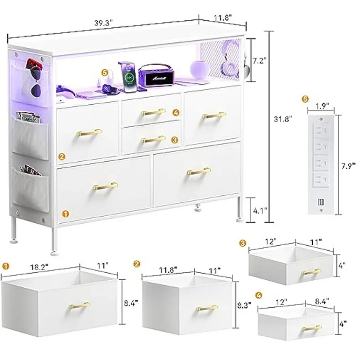 YILQQPER Dresser for Bedroom TV Stand with Power Outlets and LED Light, 6 Drawers Dresser with Side Pockets & Hooks