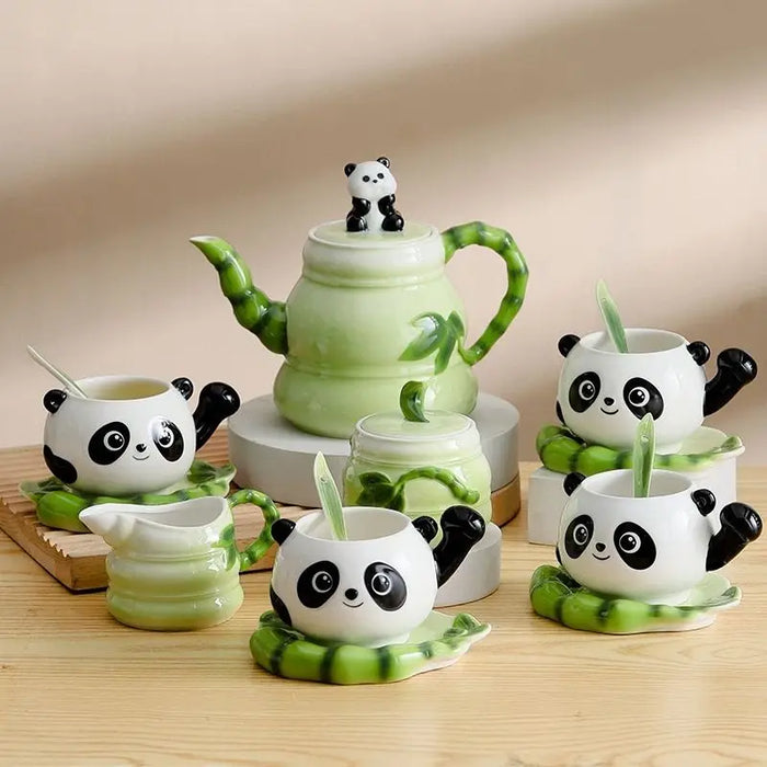 Cute Panda Ceramic Coffee Mug Hand-painted Enamel Color Ceramics Cups Set Small Teapot with Cup Cover and Saucer Spoon Creative