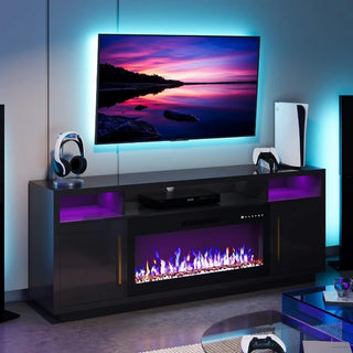 70" Fireplace TV Stand for TVs Up to 75", LED Light Entertainment Center with 36" Electric Fireplace Heater, Storage Cabinet,