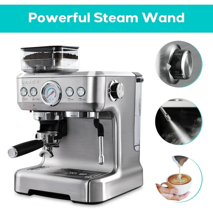Espresso Machine With Grinder, Professional Espresso Maker With Milk Frother Steam Wand, Barista Latte Machine