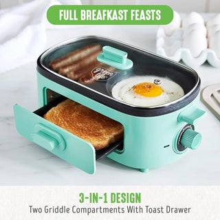 3-in-1 Breakfast Maker Station, Ceramic Nonstick Dual Griddles & Breakfast Sandwiches, 2 Slice Toast Drawer, Turquoise