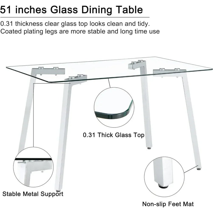 51 inch 4-seater glass rectangular dining table with silver metal legs and 4 white leather chairs, free shipping