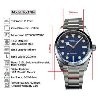 Proxima PX1704 Vintage 37mm Luxury Men Watch Sport Watches PT5000 Enamel Dial Automatic Mechanical 20Bar Relogio