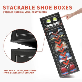 12 Pack Shoe Organizer Boxes Black Plastic Stackable Shoe Storage Bins For Closet, Space Saving Shoe Holder Sneaker Display Case
